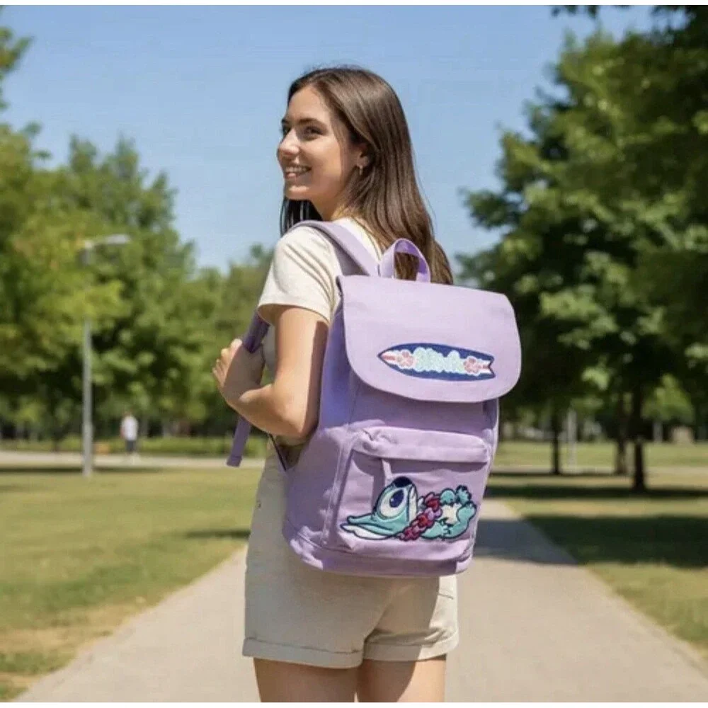 Disney Lilo& Stitch Embroidered Purple Backpack 14in School Bag purse